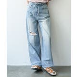 ブルー | ダメージセミワイドデニムパンツ ロング丈 ボトムス | mili an deni