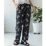 ブラック | ワイドパンツ レディース リボンプリント | mili an deni
