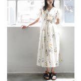 ベージュ | 花柄カシュクールワンピース パフスリーブ フレア | mili an deni