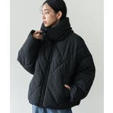 ブラック | ビッグダイヤキルト中綿ジャケット ミドル丈 無地 | mili an deni