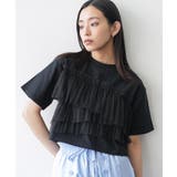 ブラック1 | フリルチュールドッキングTシャツ クルーネック 3段フリル | mili an deni