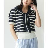 ネイビー×オフホワイト | セーラー半袖ニット 袖リボン サマーニット | mili an deni