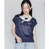 ネイビー | バンダナスカーフ付き半袖ニットトップス クルーネック シアートップス | mili an deni