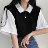ブラック | 半袖ニットtシャツ レイヤード風Tシャツ | ANGELCLOSET