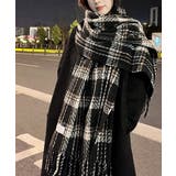 ブラック | チェック柄ストール 大判フリンジマフラー | Miniministore