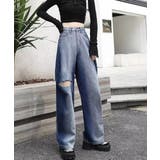 インディゴ | デニムワイドパンツ サイドダメージ韓国風 | ANGELCLOSET
