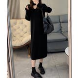 ブラック | リブニットワンピース ロング丈 vネック | ANGELCLOSET
