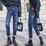 ダークブルー | ロールアップ デニムパンツ レディース ダメージ ボーイフレンド デニム 美脚 | Miniministore