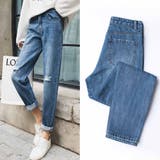 ライトブルー | ロールアップ デニムパンツ レディース ダメージ ボーイフレンド デニム 美脚 | Miniministore