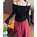 ブラック | キャミレイヤード風オフショルトップス長袖 | Miniministore
