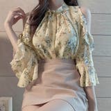 ベージュ大花柄 | 花柄ブラウスプチハイネックオフショルダー | Miniministore