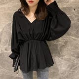 ブラック | ボリューム袖 シャツブラウス Vネック | Miniministore