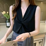 ブラック | ギャザーブラウスVネックレディースシャツ オフィスカジュアル | Miniministore