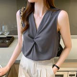 ダークグレー | ギャザーブラウスVネックレディースシャツ オフィスカジュアル | Miniministore