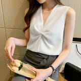 ホワイト | ギャザーブラウスVネックレディースシャツ オフィスカジュアル | Miniministore