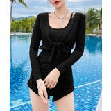ブラック | フリル付きスイムウェア クロスバックワンピース水着 カーディガン付き | SUNSHINE CLOSET