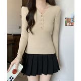 ベージュ | Vネックリブニットトップス ハーフボタン | Miniministore