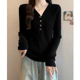 ブラック | Vネックリブニットトップス ハーフボタン | Miniministore