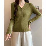 カーキ | Vネックリブニットトップス ハーフボタン | Miniministore