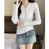 ホワイト | Vネックリブニットトップス ハーフボタン | Miniministore