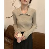 ベージュ | ポロニットトップスきれいめニットセーター | Miniministore