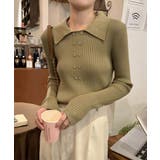 カーキ | ポロニットトップスきれいめニットセーター | Miniministore