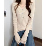 ピンクベージュ | ニットトップス レース切り替えリブニット | Miniministore