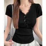 ブラック | リボンレース付きリブニット Vネック夏服 | ANGELCLOSET