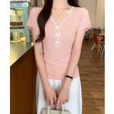 ピンク | リボンレース付きリブニット Vネック夏服 | ANGELCLOSET