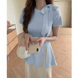 ブルー | リボン付きニットトップス サイドスリット | Miniministore