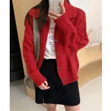 レッド | ケーブル編みニットカーディガン ビッグ襟 | Miniministore