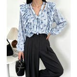 ライトブルー | フリル花柄シャツブラウス リボンタイ付き | Miniministore