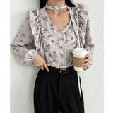 グレイッシュベージュ | フリル花柄シャツブラウス リボンタイ付き | Miniministore
