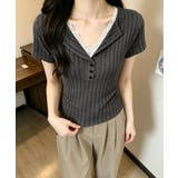 チャコールグレー | レース切り替え リブニット Vネック | SUNSHINE CLOSET