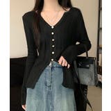 ブラック | 透かし編みVネックニット フロントボタン | Miniministore