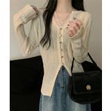 アイボリー | 透かし編みVネックニット フロントボタン | Miniministore