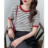 ブラック2(襟レッド) | ボーダーニットトップス 半袖 レディース | Miniministore