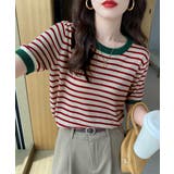 レッド | ボーダーニットトップス 半袖 レディース | Miniministore