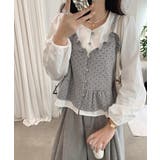 グレー | ドット柄ビスチェレイヤード風ブラウス長袖 | Miniministore