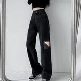 ブラック | 韓国風 ダメージデニムパンツ レディース | Miniministore