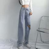 サックス | 韓国風 ダメージデニムパンツ レディース | Miniministore