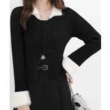 ブラック | ファー襟 レースアップニットトップス配色 | SUNSHINE CLOSET