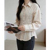 ベージュ | ストライプ柄シャーリングシャツ襟付き長袖 | Miniministore