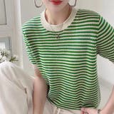 グリーン | ボーダー柄サマーニットトップス 半袖春夏 | Miniministore