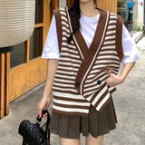 ブラウン | ニットジレ ボーダー柄 配色ベスト 秋冬 | Miniministore