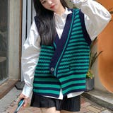 グリーン | ニットジレ ボーダー柄 配色ベスト 秋冬 | Miniministore