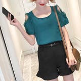 ブルーグリーン | 前後2way シフォン ブラウス 半袖 | ANGELCLOSET