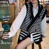 ニットジレ ボーダー柄 配色ベスト 秋冬 | Miniministore | 詳細画像1 