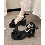 ブラック | リボン厚底サンダル パールストラップ美脚 | Miniministore