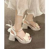 アイボリー | リボン厚底サンダル パールストラップ美脚 | Miniministore